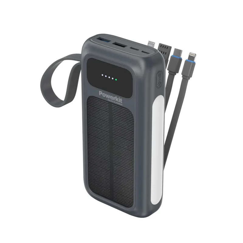 Powerbank 20.000 mAh med indbyggede kabler og solceller